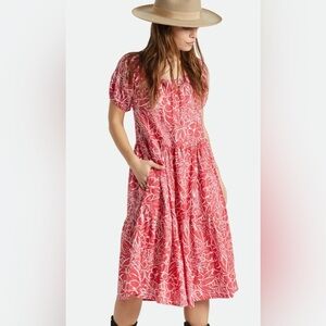 Brixton Indo Linen Tiered Midi Dress Floral Sz S In Aloha Red Puff sleeve Pocket